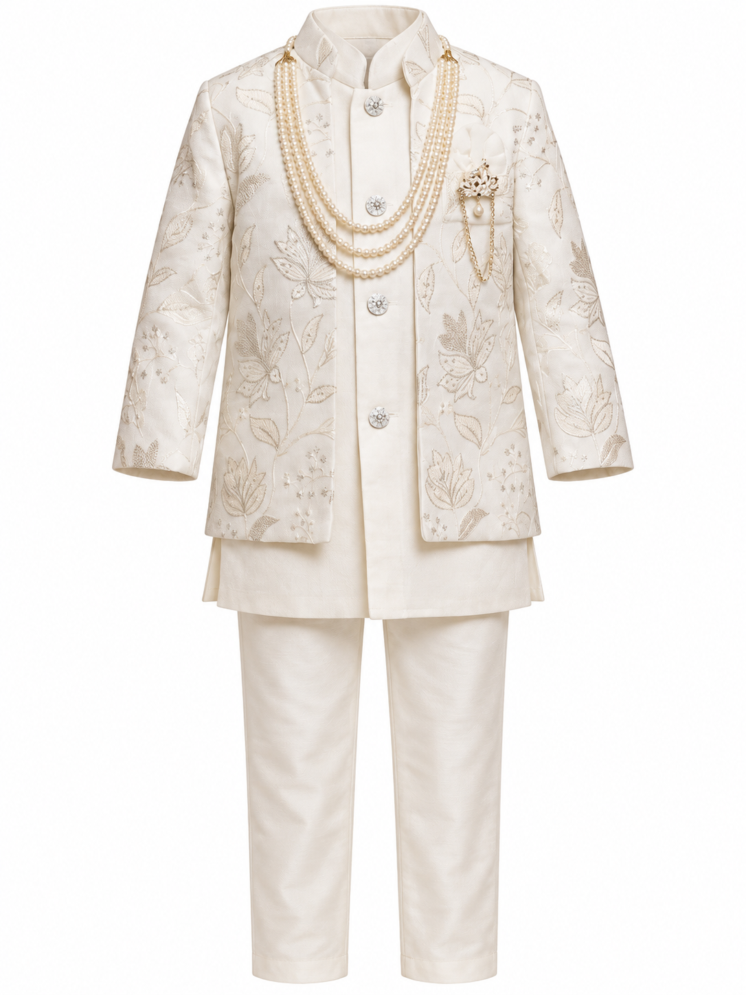 Boys Cream Floral Embroidered Jacket, Kurta and Trousers Set