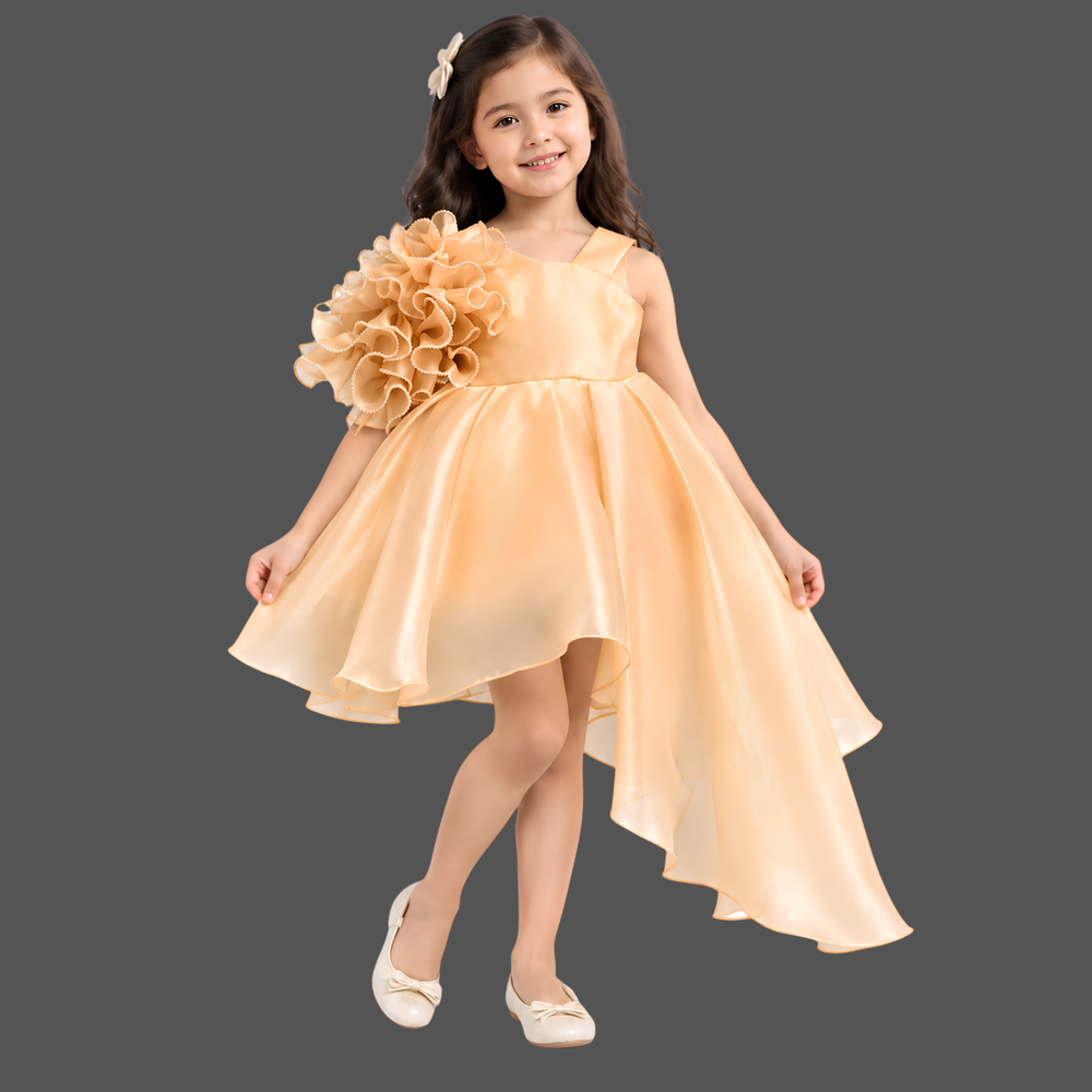 Gold Embellished With Floral Tail Back Frock For Girls