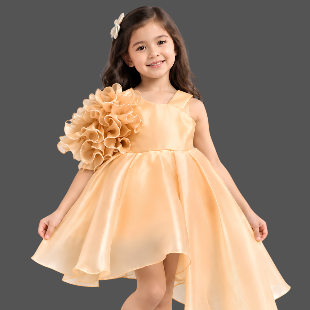 Gold Embellished With Floral Tail Back Frock For Girls