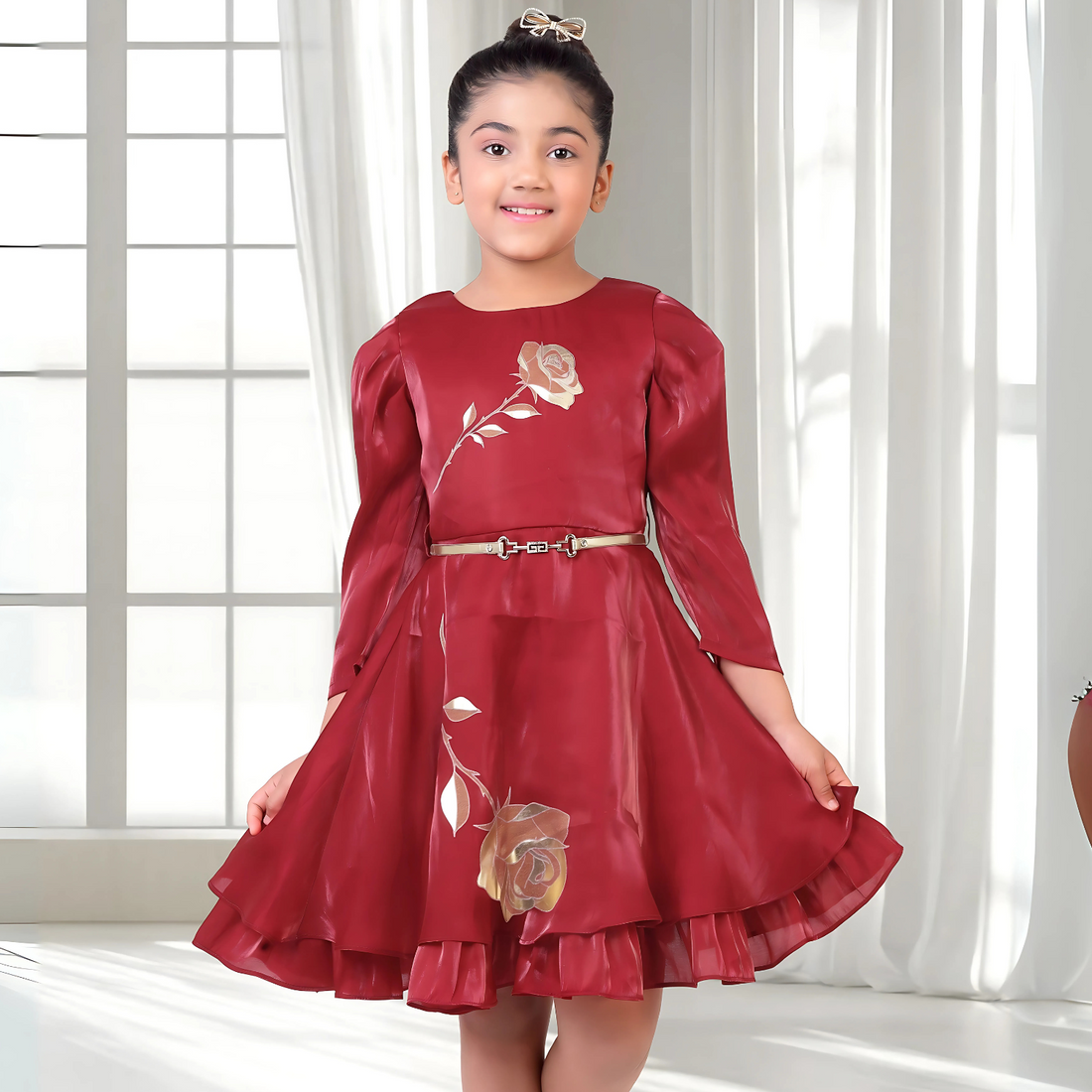 Girls  Organza Maroon Frock