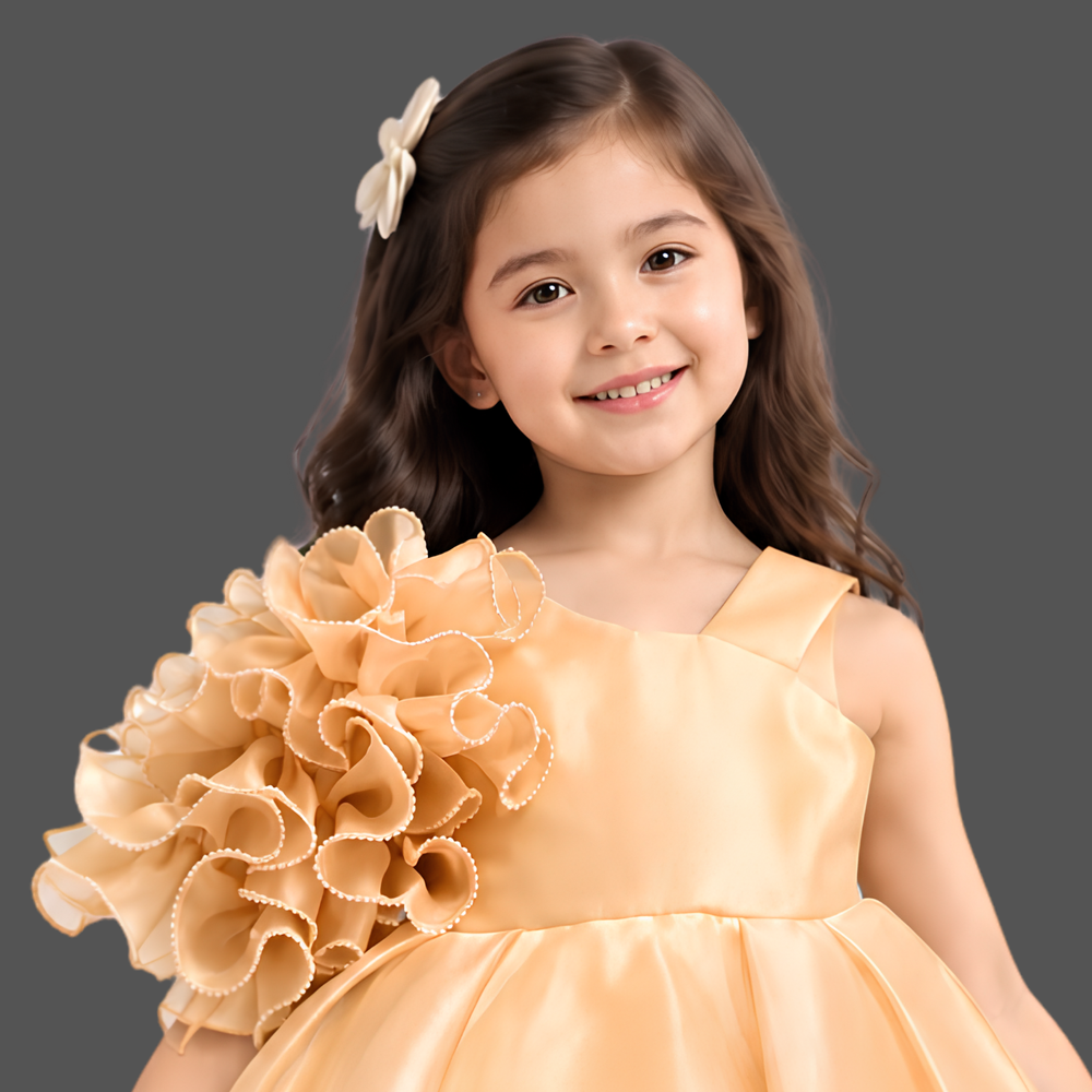 Gold Embellished With Floral Tail Back Frock For Girls