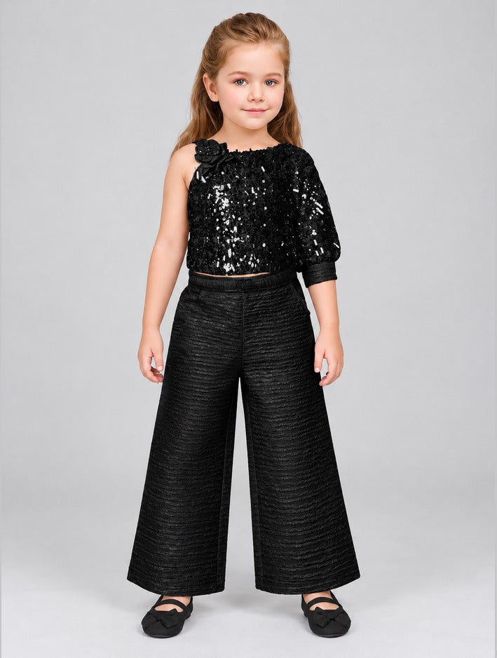 Girls Black Sequin One-Shoulder Top and Palazzo Pants Set (Shoes Not Included)
