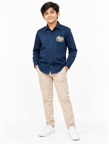 Boys Blue Elephant Embroidered Shirt