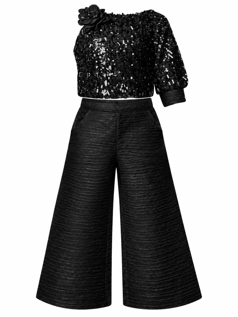 Girls Black Sequin One-Shoulder Top and Palazzo Pants Set (Shoes Not Included)