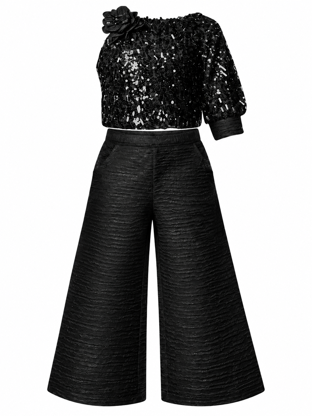 Girls Black Sequin One-Shoulder Top and Palazzo Pants Set (Shoes Not Included)