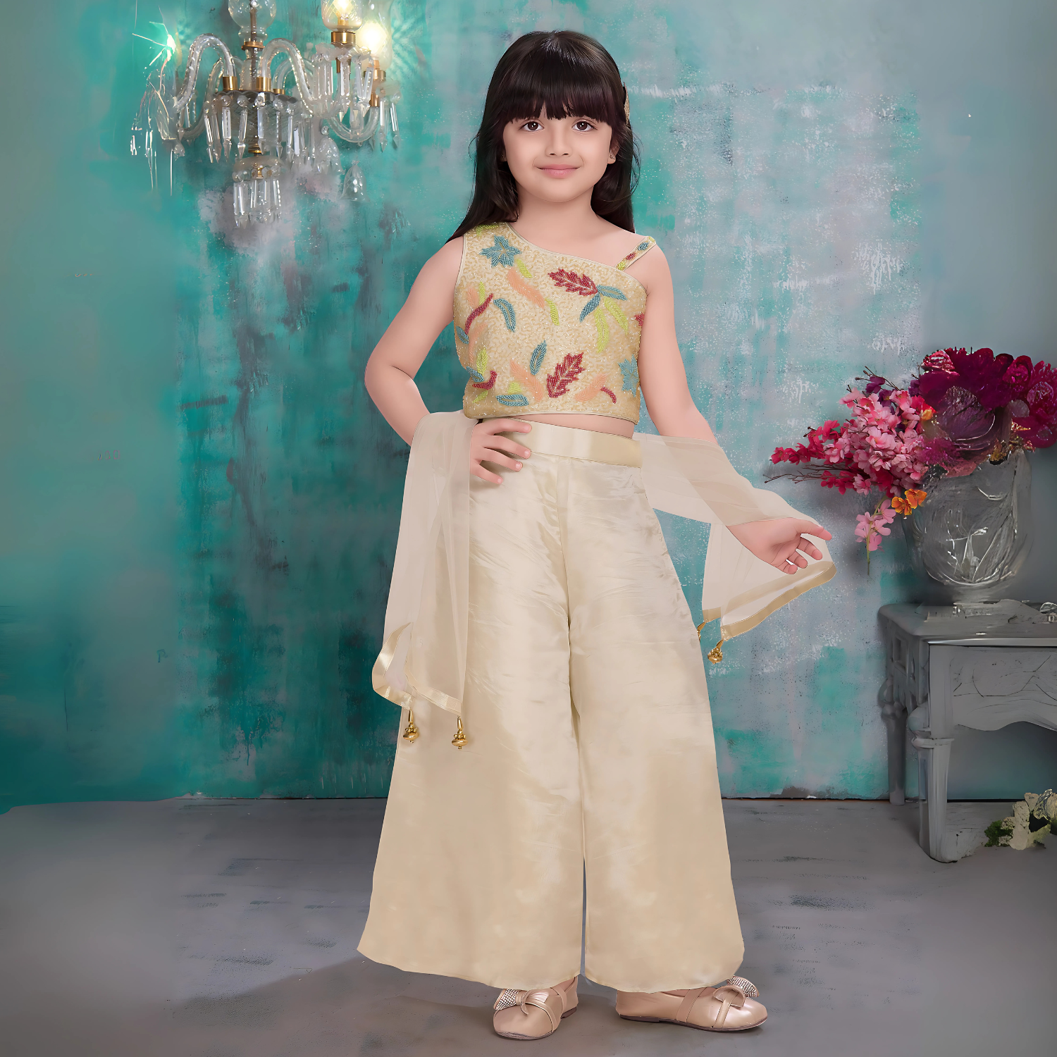 Palazzo Set with Cream Embroidered Asymmetric Top
