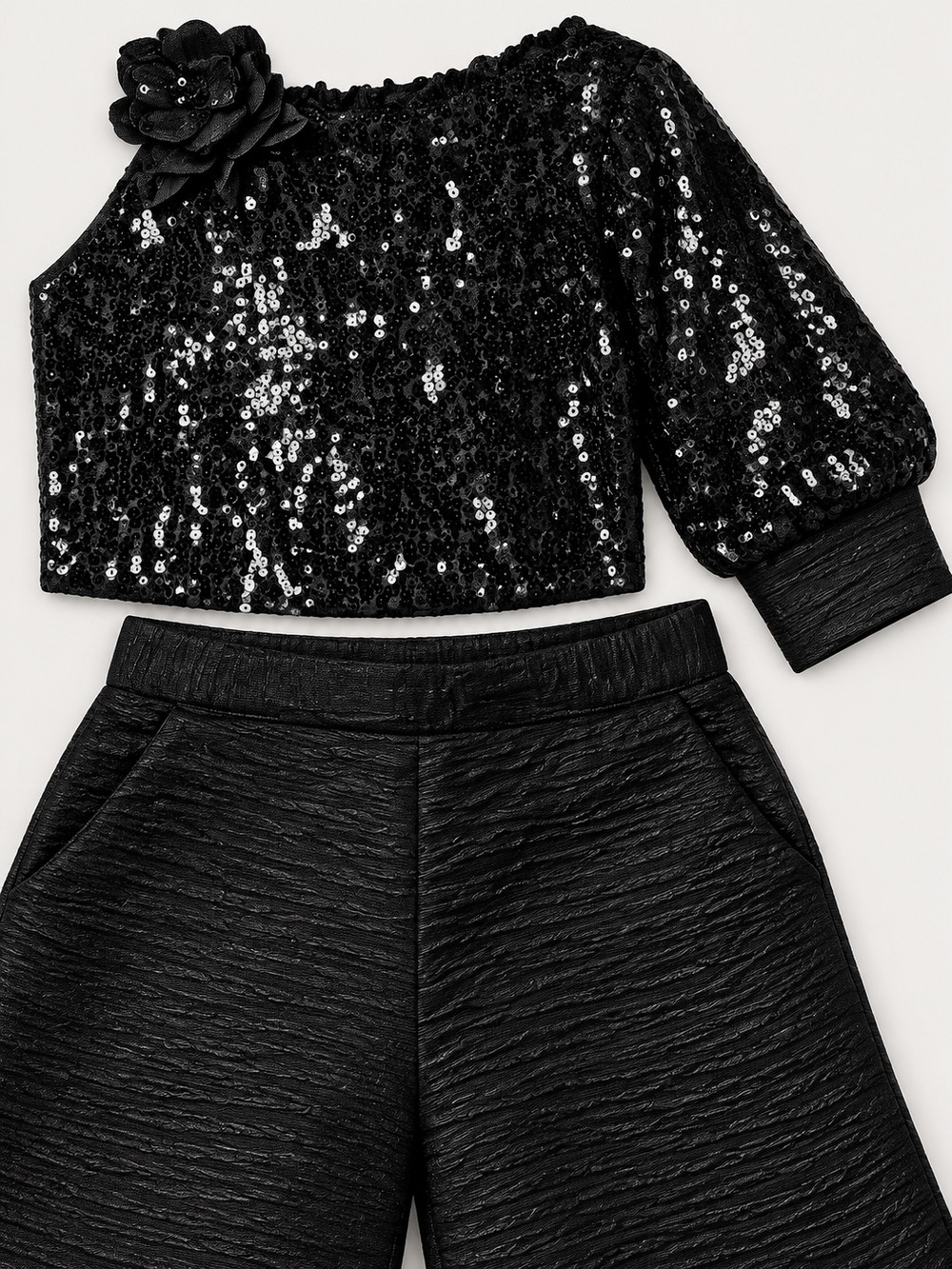 Girls Black Sequin One-Shoulder Top and Palazzo Pants Set (Shoes Not Included)