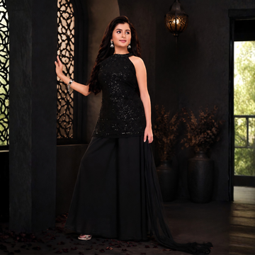 Black Sequins, Beads & Thread Work Palazzo Suit Set For Girls