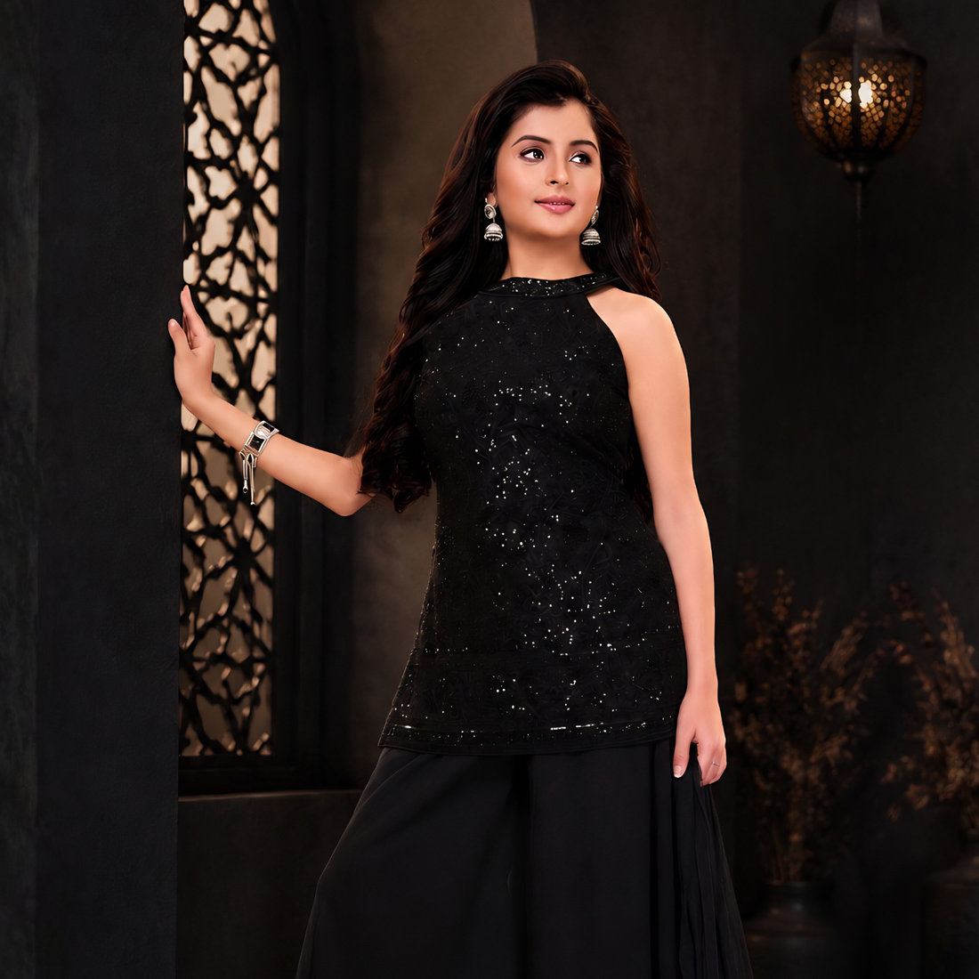 Black Sequins, Beads & Thread Work Palazzo Suit Set For Girls