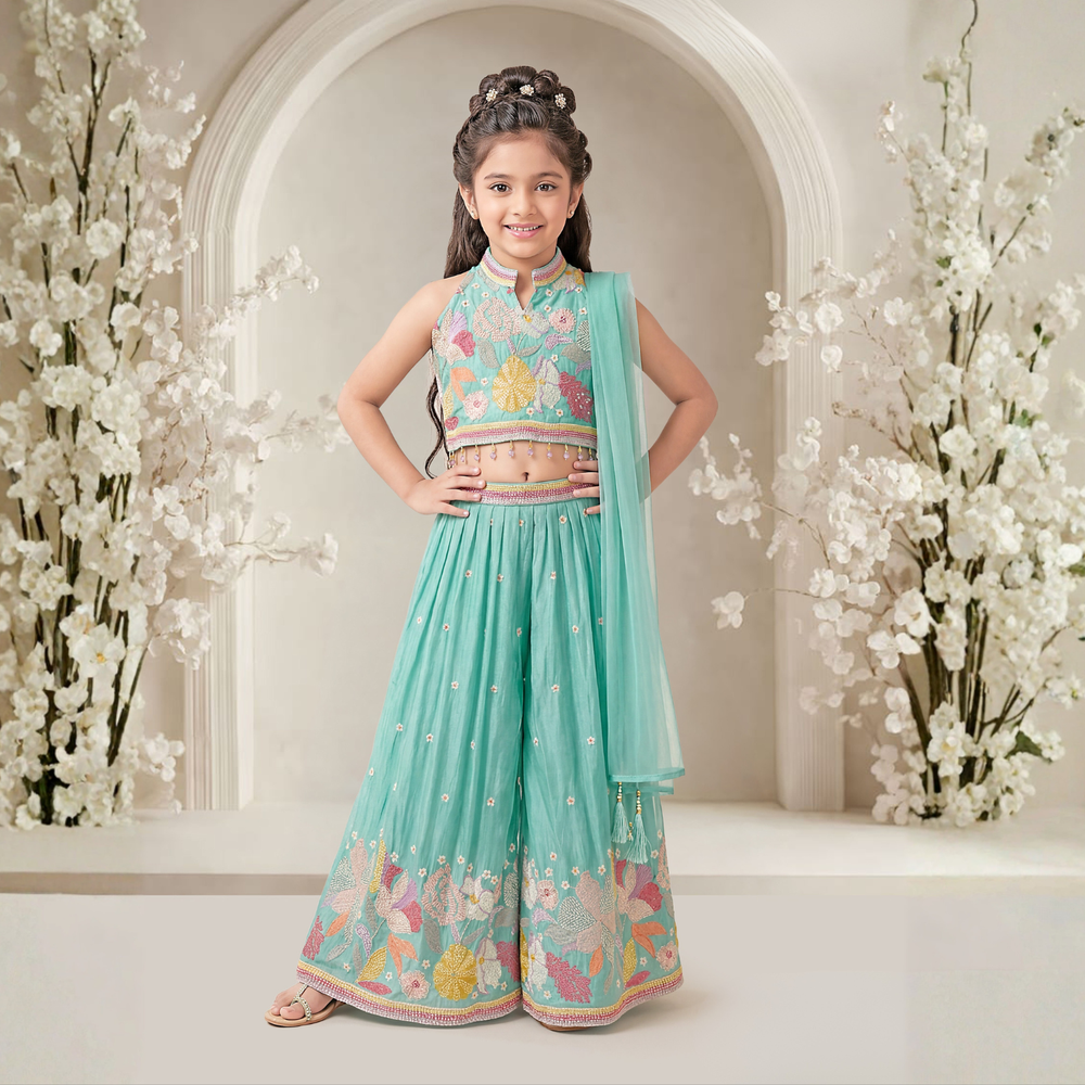 Green Floral Embroidered Palazzo Set with Matching Dupatta For Girls
