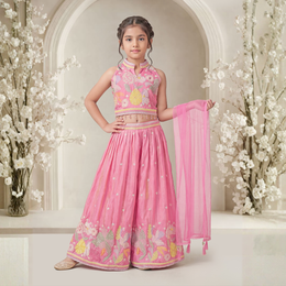Pink Floral Embroidered Palazzo Set with Matching Dupatta For Girls