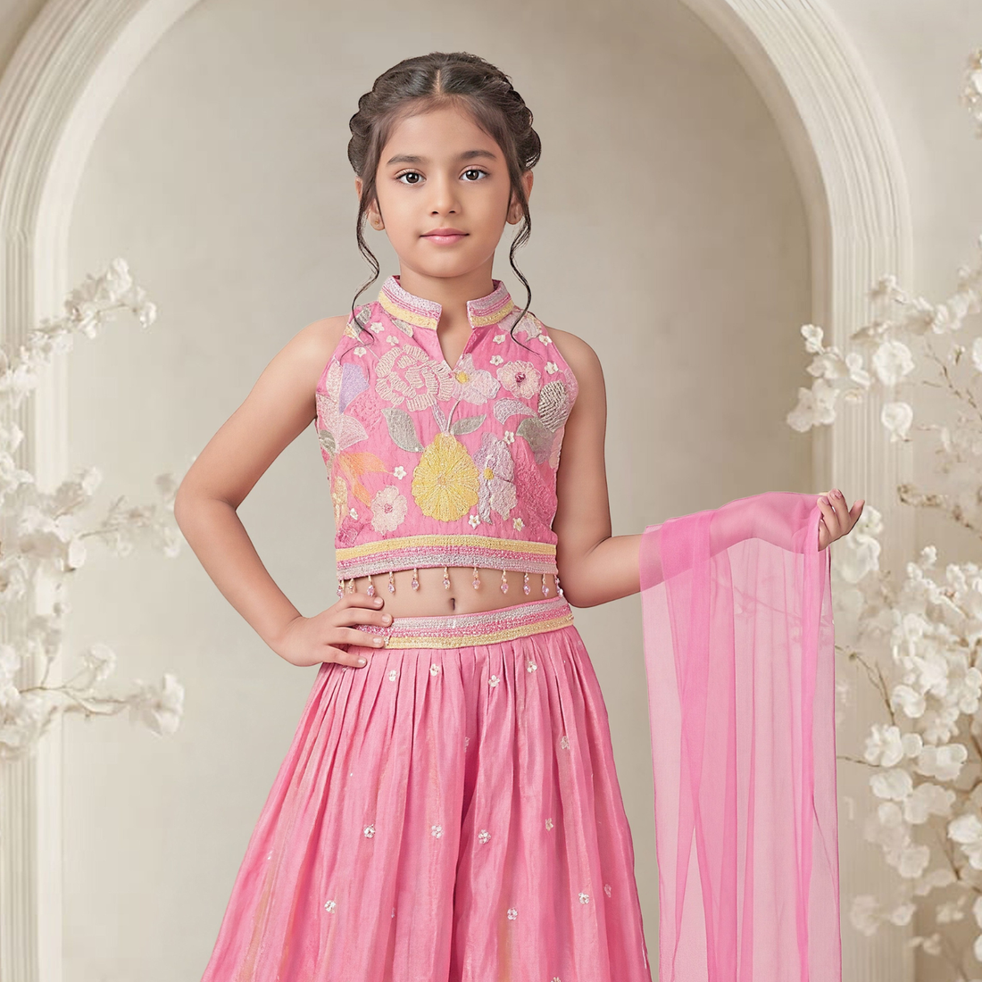 Pink Floral Embroidered Palazzo Set with Matching Dupatta For Girls