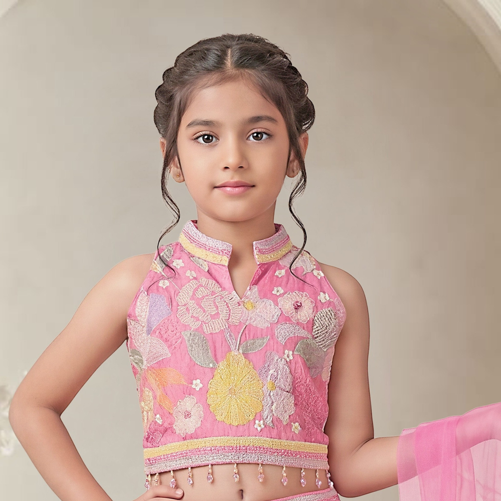 Pink Floral Embroidered Palazzo Set with Matching Dupatta For Girls