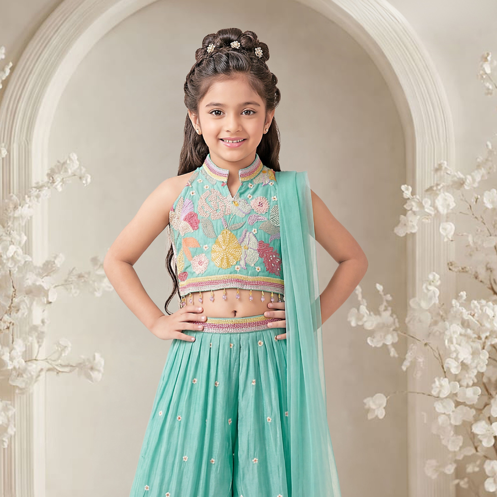 Green Floral Embroidered Palazzo Set with Matching Dupatta For Girls