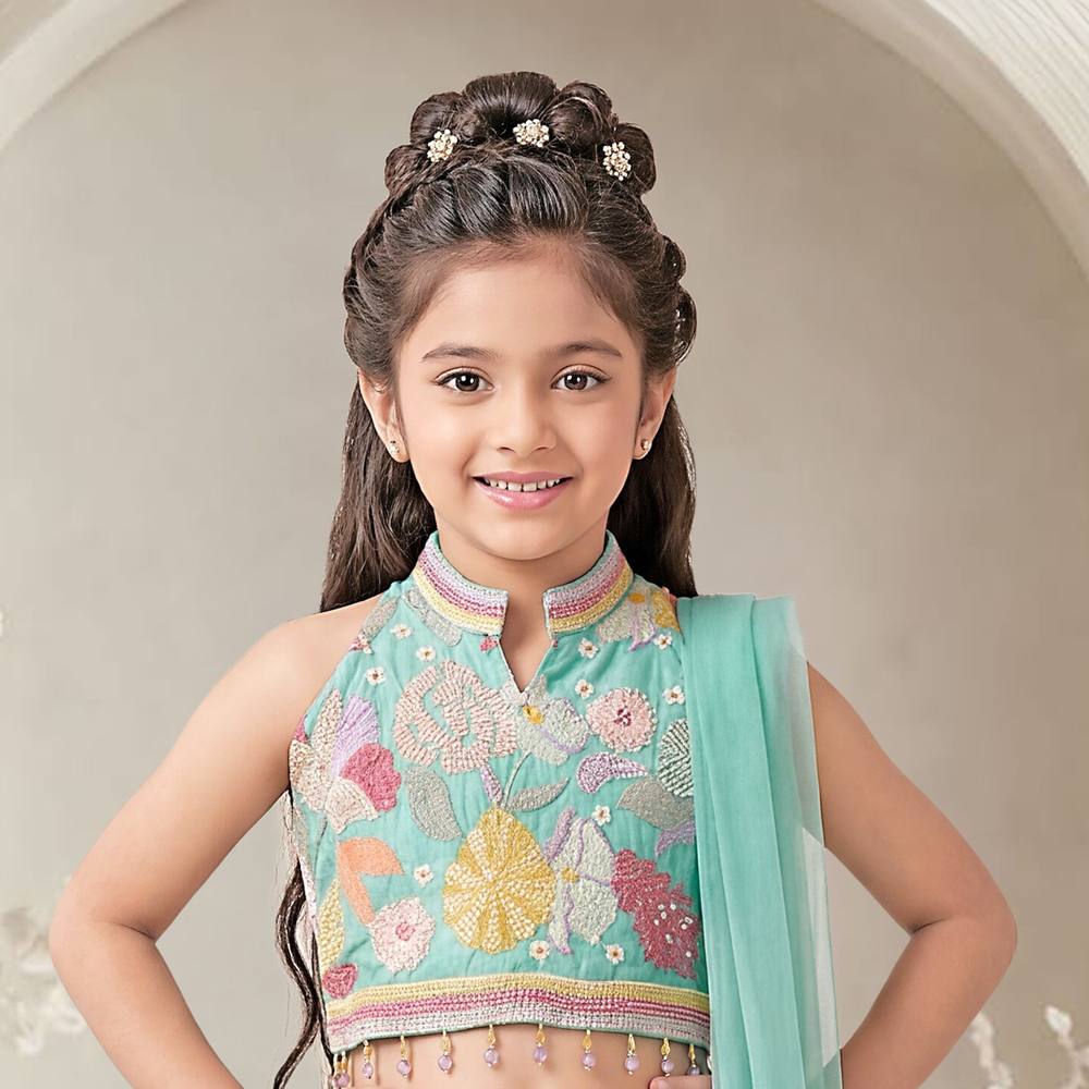 Green Floral Embroidered Palazzo Set with Matching Dupatta For Girls