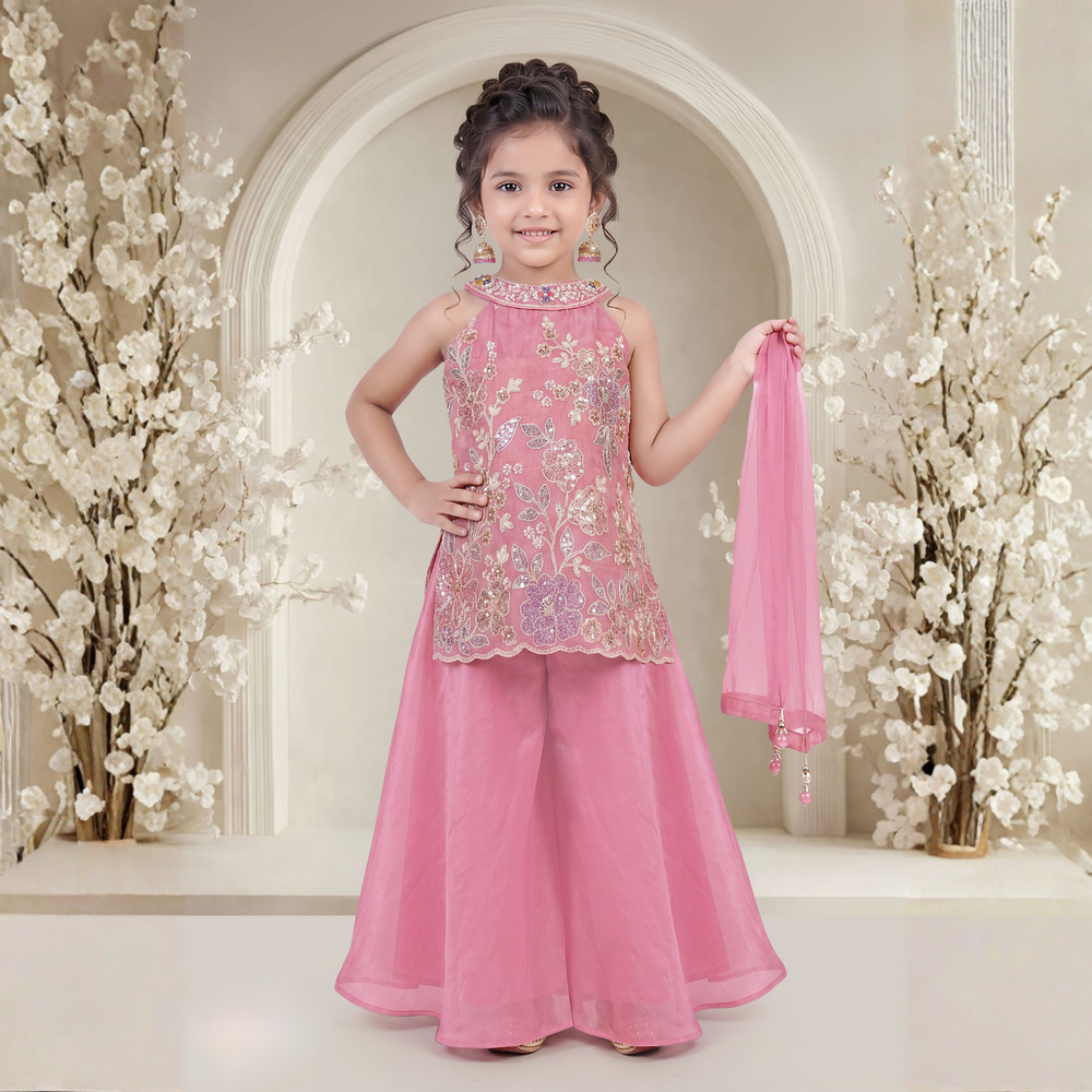 Pink Sequins, Zari and Thread work Palazzo Set For Girls