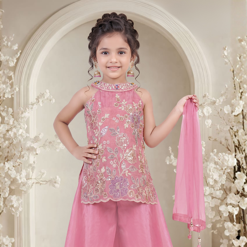 Pink Sequins, Zari and Thread work Palazzo Set For Girls