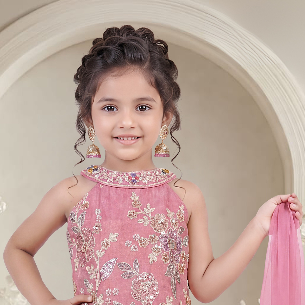 Pink Sequins, Zari and Thread work Palazzo Set For Girls