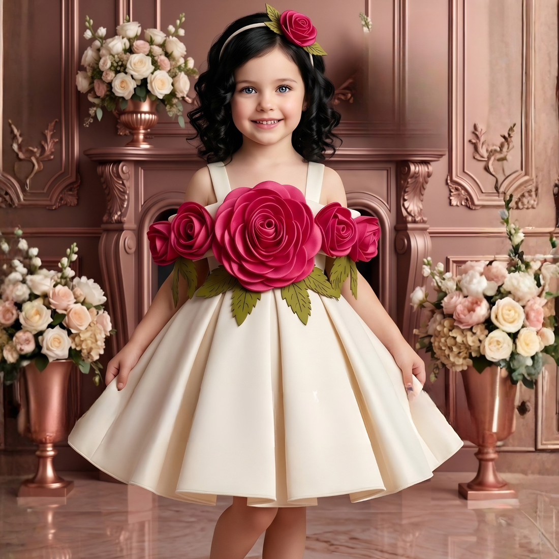 Elegant Fawn Frock With Floral Embellished For Girls