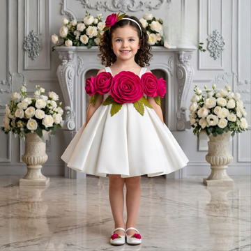 Elegant White Frock With Floral Embellished For Girls