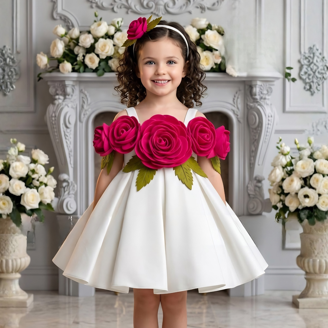 Elegant White Frock With Floral Embellished For Girls