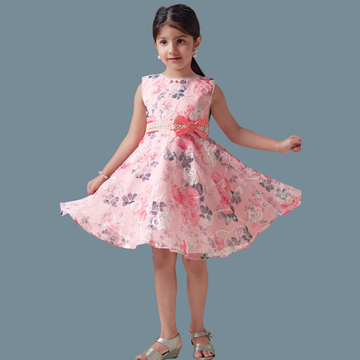 Peach Printed Party Wear Frock For Girls