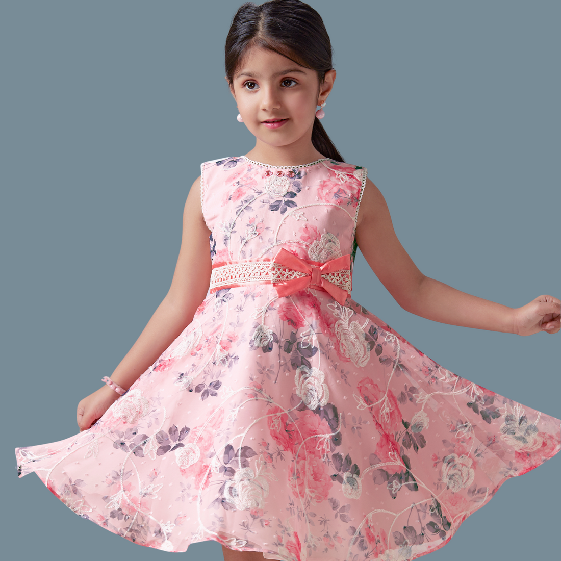 Peach Printed Party Wear Frock For Girls