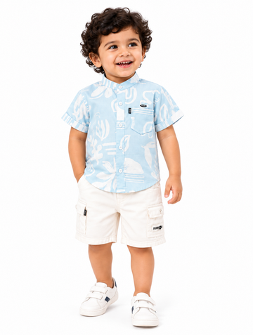 Boys Light Blue Abstract Print Shirt and Cream Cargo Shorts Set