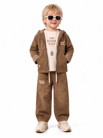 Boys Khaki Hooded Jacket, Graphic T-shirt and Cargo Pants Set