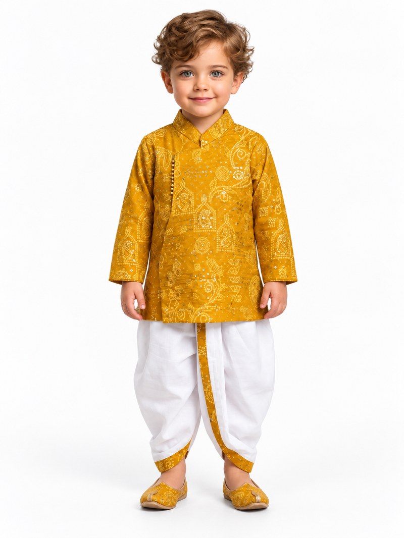 Boys Mustard Printed Kurta and White Dhoti Set