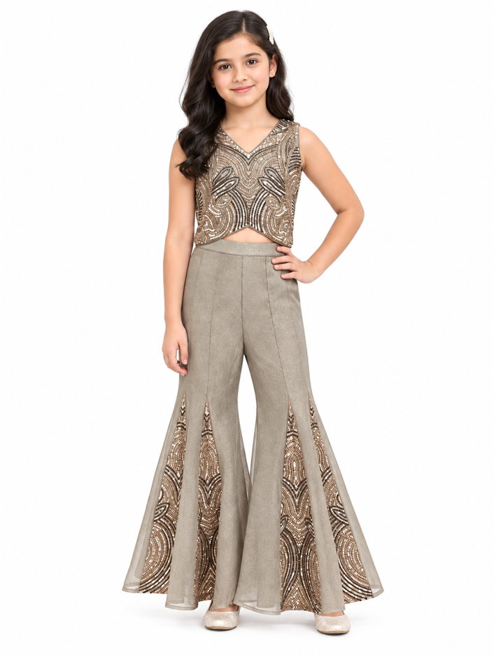 Girls Fawn Embroidered Crop Top and Flared Palazzo Pants Set (Shoes Not Included)