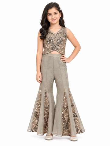 Girls Fawn Embroidered Crop Top and Flared Palazzo Pants Set