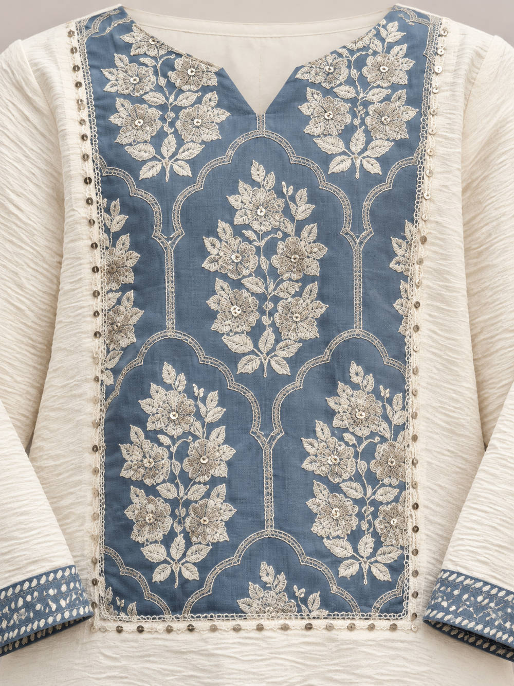 Girls Cream Kurta with Blue Floral Print Wide-Leg Pant Set