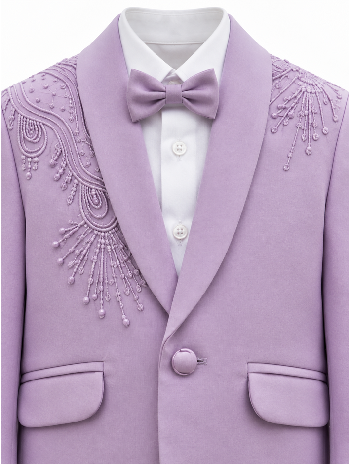 Boys Purple Embroidered Coat, Shirt and Trouser Set with Bow Tie