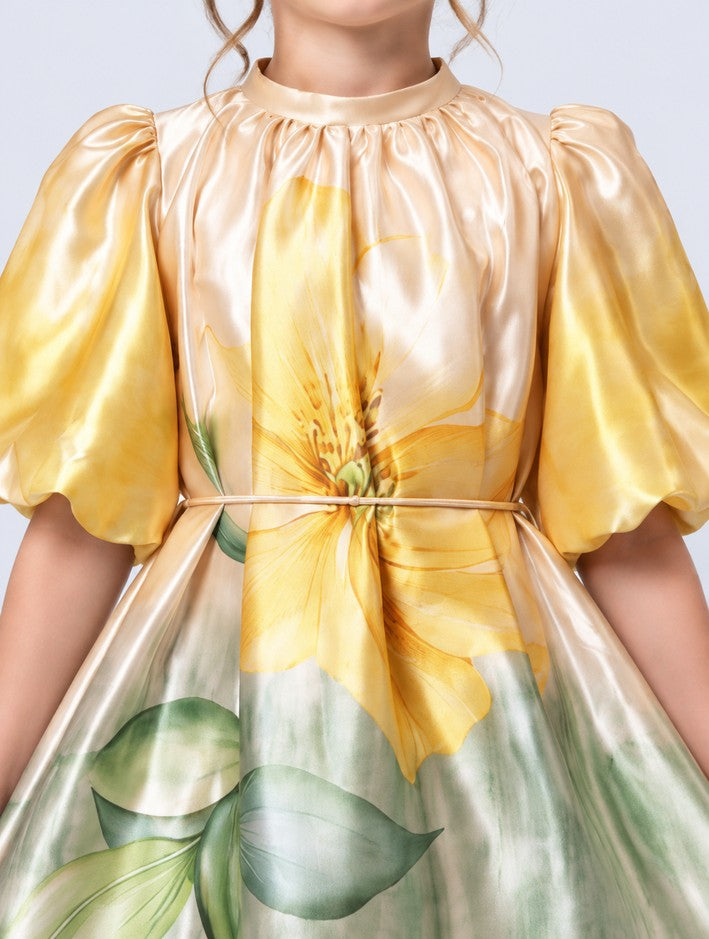 Girls Mustard Floral Print Satin Frock