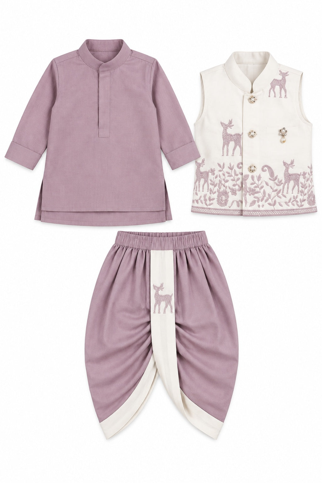 Boys Purple Kurta and Dhoti Set with Deer Motif Jacket (Shoes Not Included)