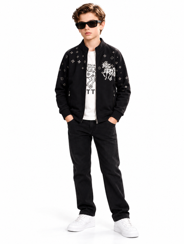 Boys Black Printed Jacket with T-Shirt