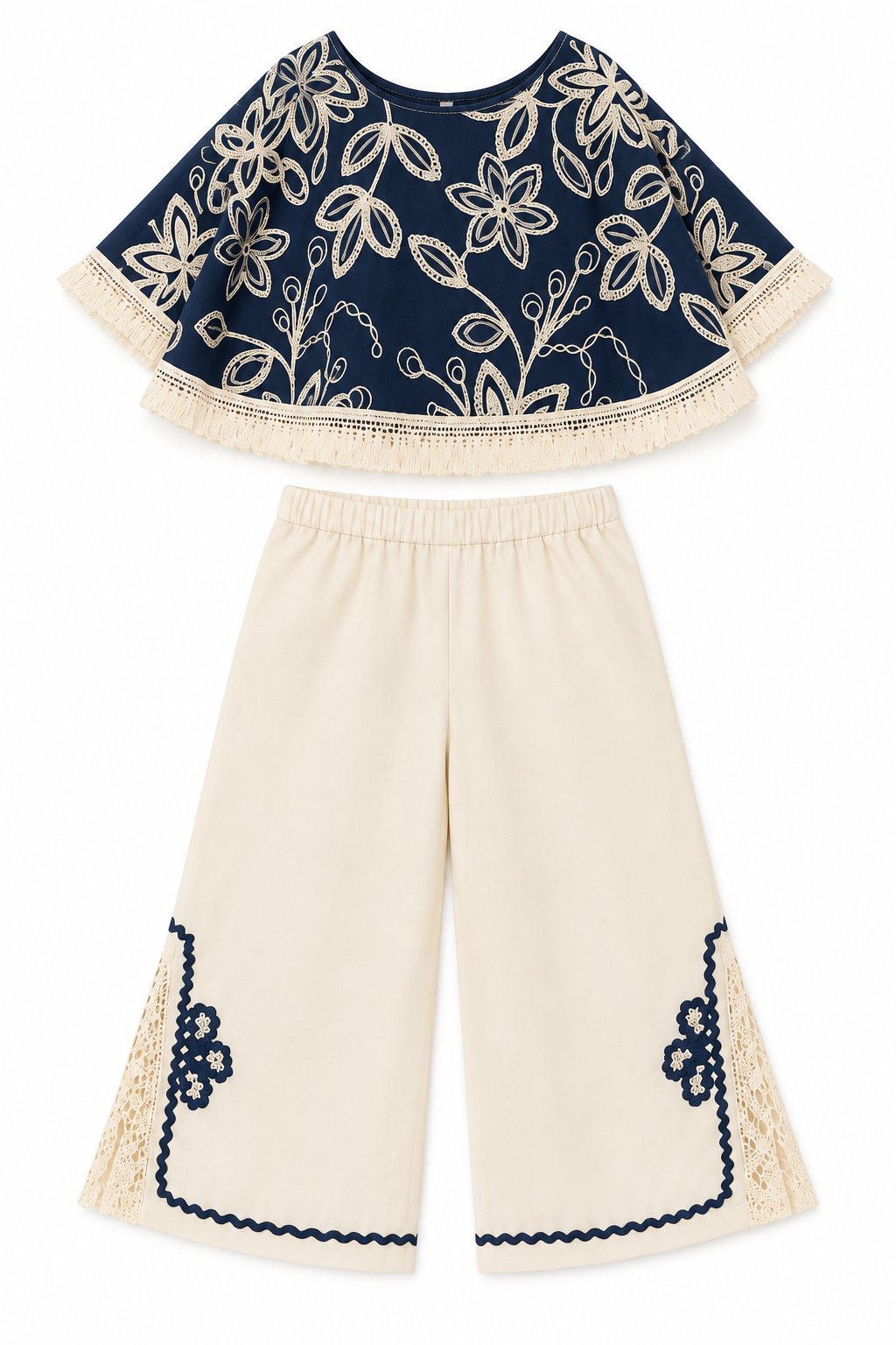Girls Blue Floral Embroidered Cape Top and Cream Palazzo Pants Set (Shoes Not Included)
