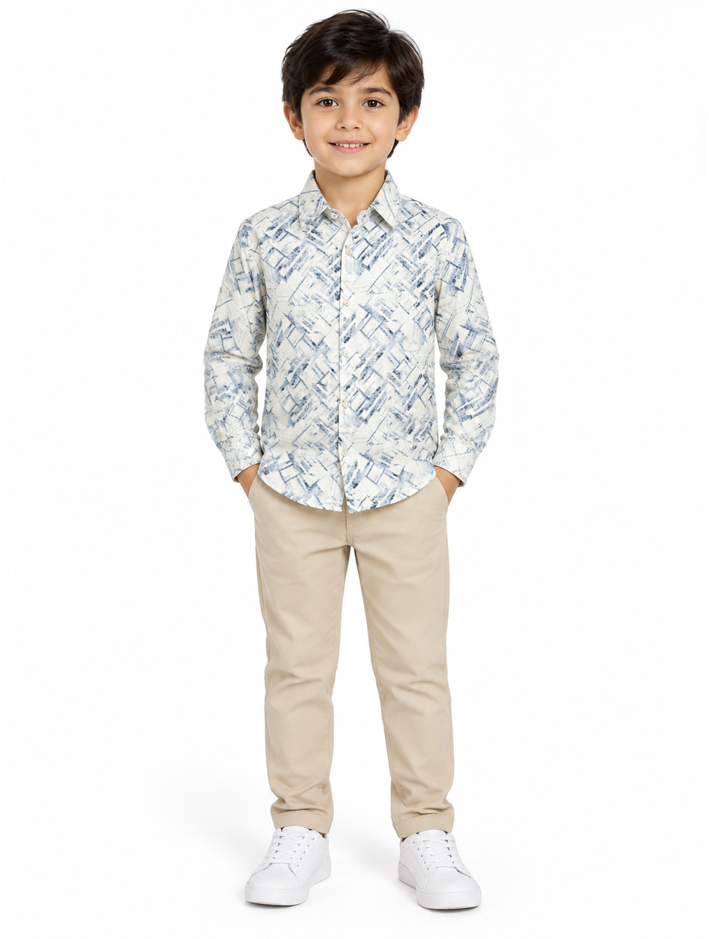 Boys Cream Geometric Print Long Sleeve Shirt