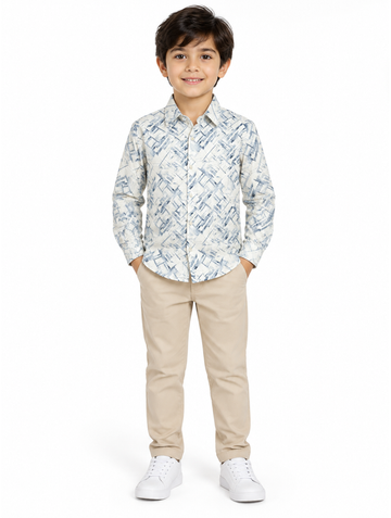 Boys Cream Geometric Print Long Sleeve Shirt (Pants and Shoes Not Included)
