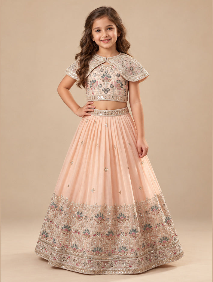 Girls Peach Embroidered Lehenga Choli with Cape