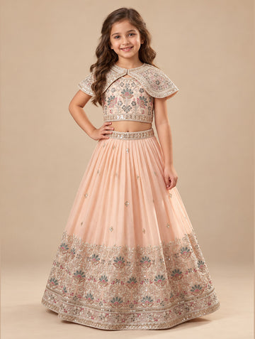 Girls Peach Embroidered Lehenga Choli with Cape