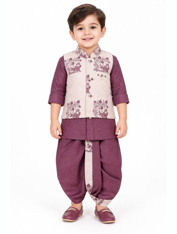 Boys Purple Kurta, Dhoti and Printed Jacket Set