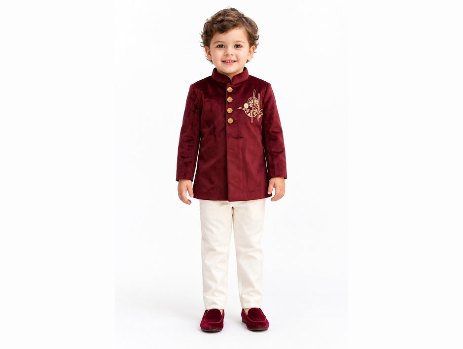 Boys Maroon Kurta and Cream Pajama Set (Shoes Not Included)
