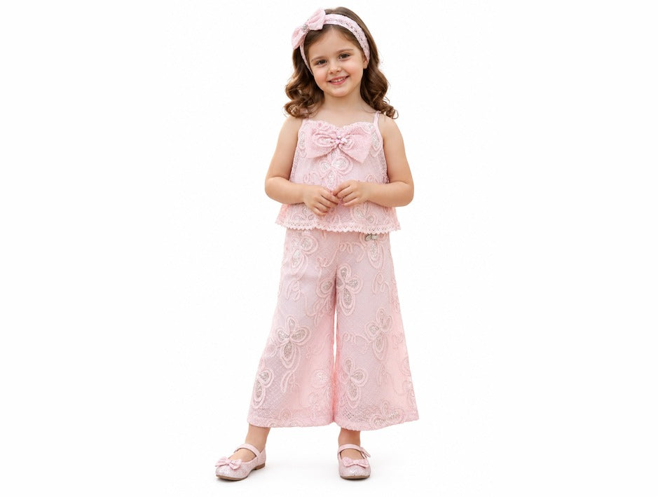 Girls Pink Floral Lace Bow Top and Palazzo Pants Set (Shoes Not Included)