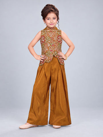 Girls Rust Embroidered Kurta with Palazzo Set