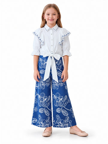 Girls Blue Ruffle Tie-Front Top and Floral Palazzo Pants Set