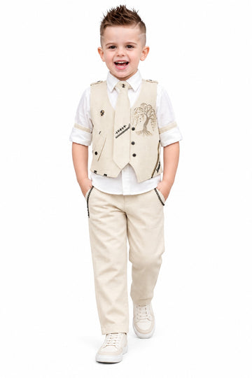 Boys Fawn Embroidered Waistcoat, White Shirt and Pants Set (Shoes Not Included)