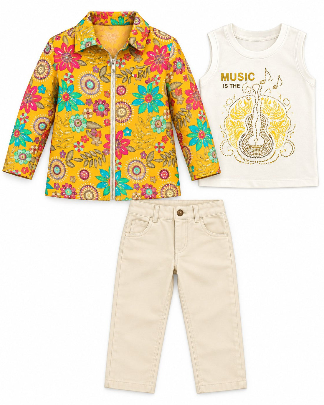 Boys Gold Floral Zip Jacket, Graphic Vest and Pants Set