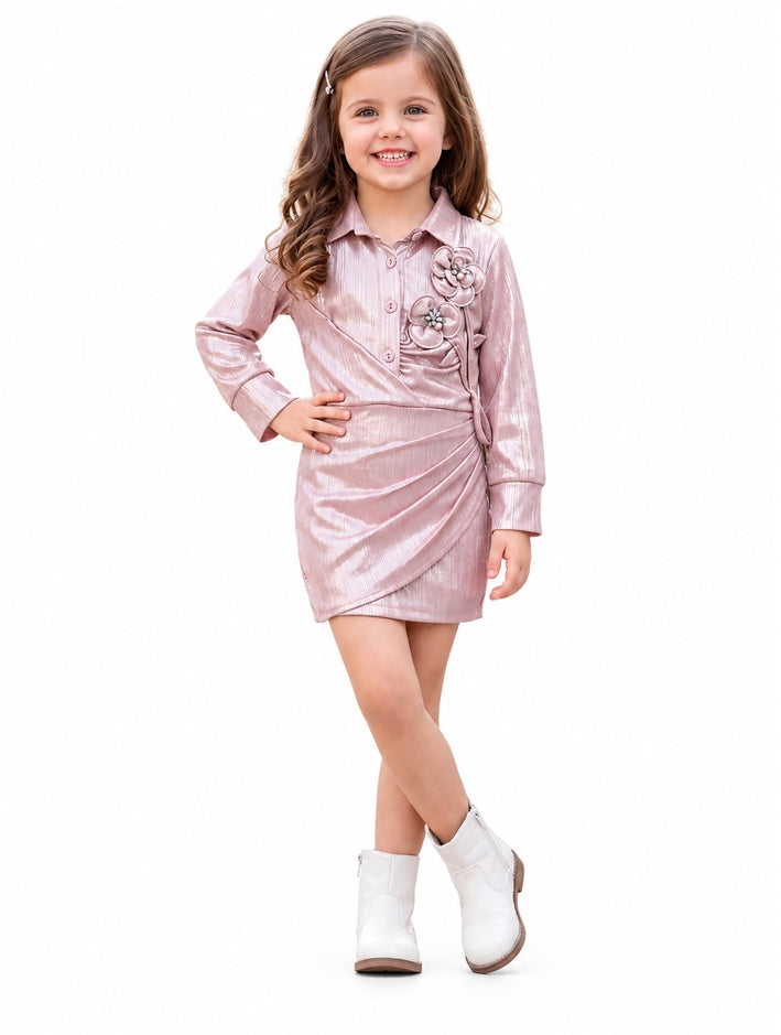 Girls Pink Floral Applique Wrap-Front Dress